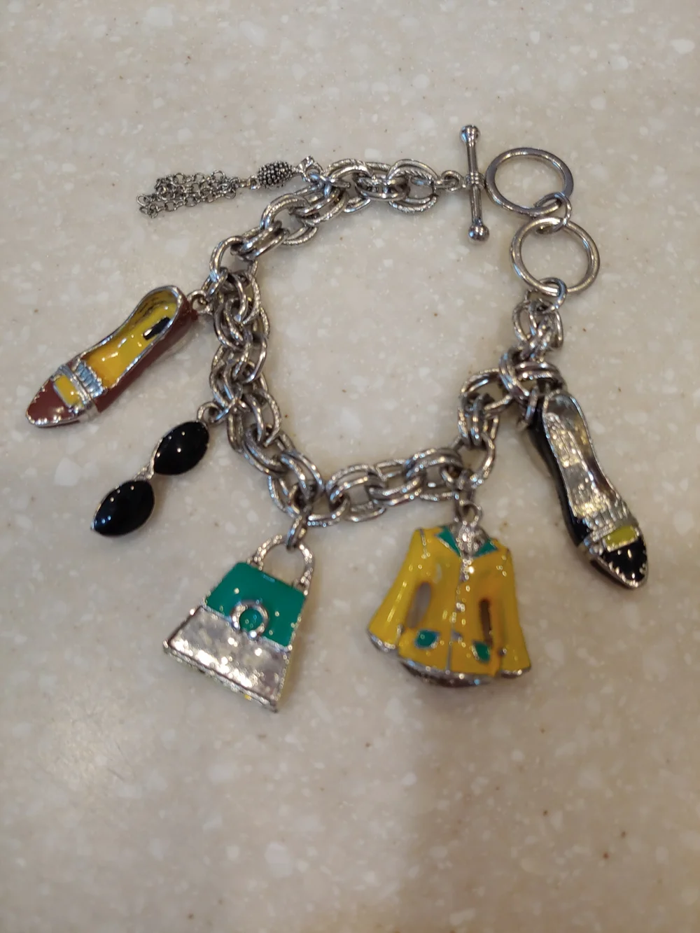 Silver-Tone Charm Bracelet with Yellow Jacket and Enamel Shoe Charms